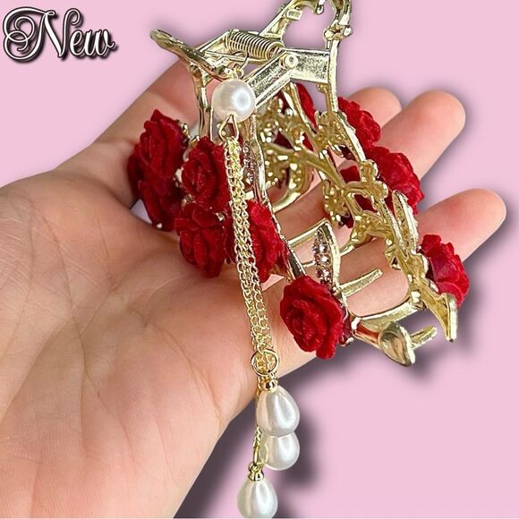 New Gold Rose Vine Hair Clip with Pearls & Rhinestone Leaves - Picture 2 of 7